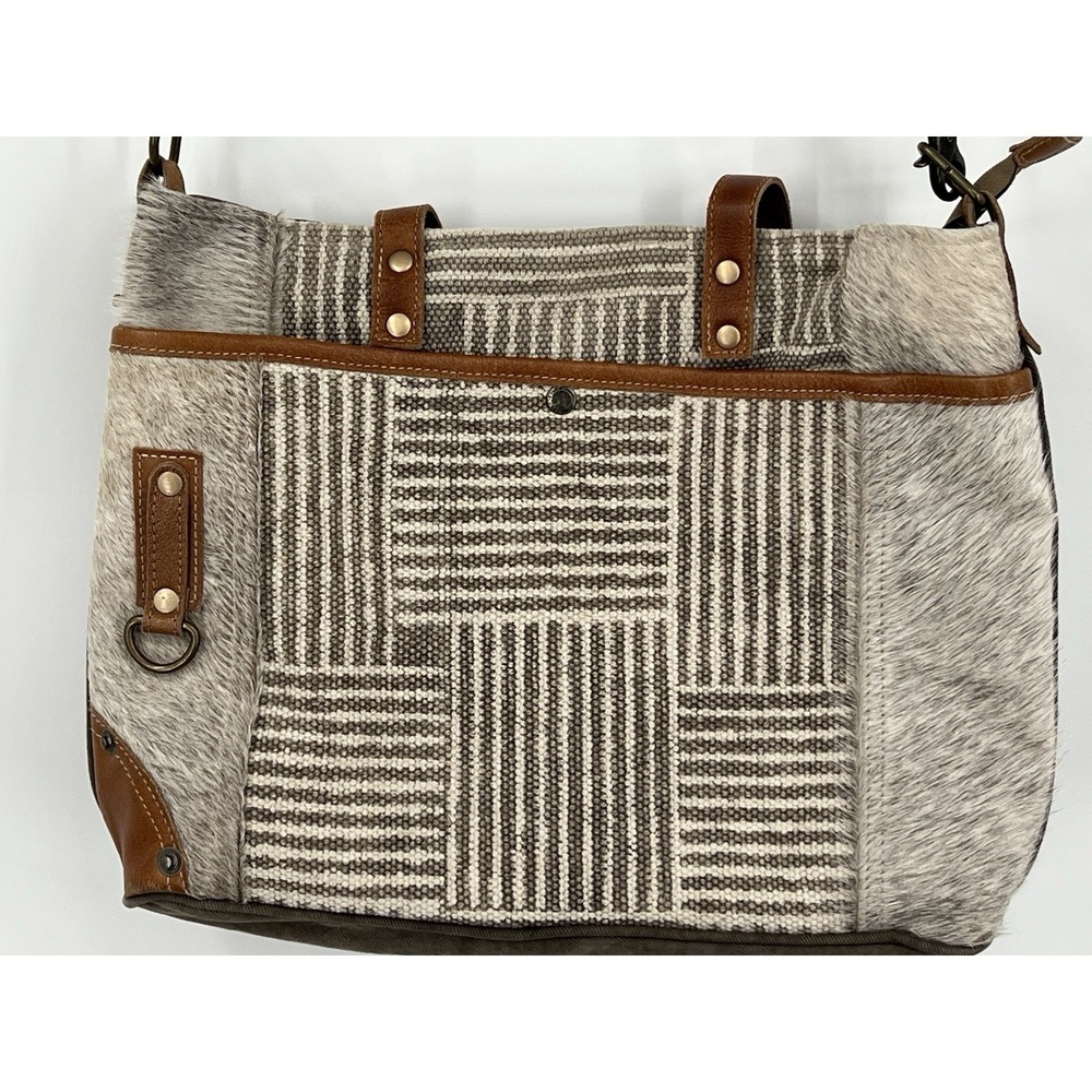 Myra Mixed Media Large Tote Canvas & Leather Cowhide Crossbody Boho Work Bag - Picture 4 of 16